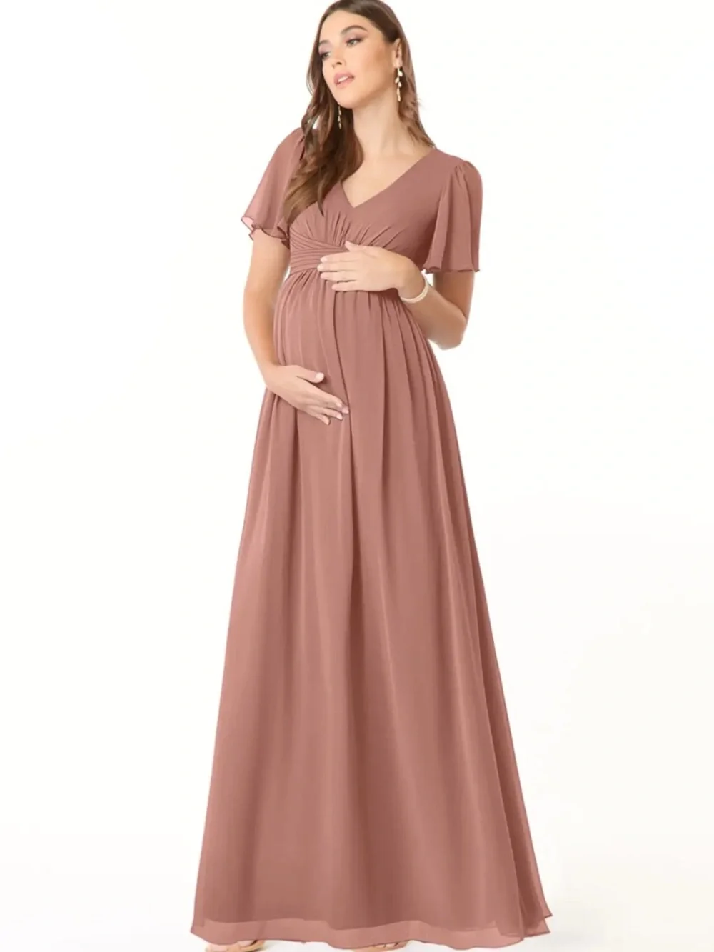 Azazie Maternity - A-Line V-Neck Ruched Chiffon Floor-Length Dress Cedar Rose - Picture 4 of 4